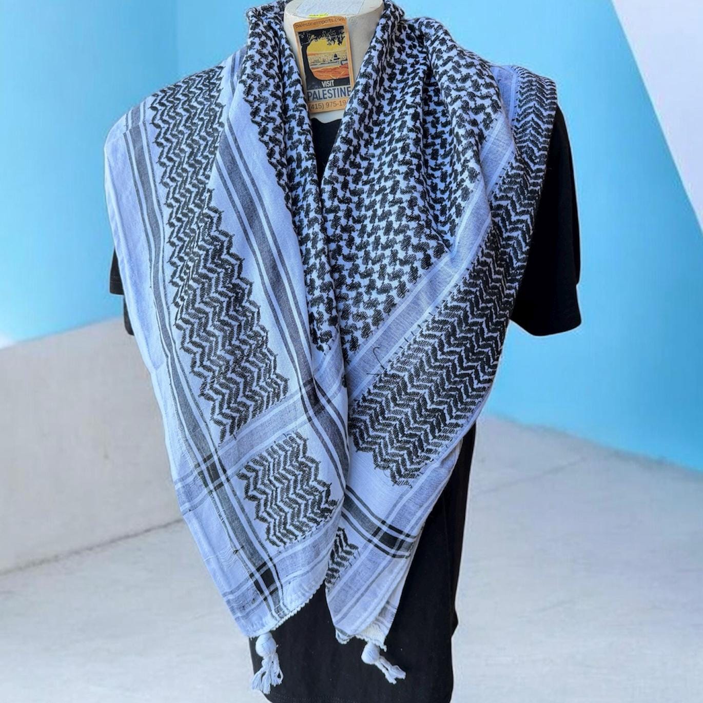 Authentic Palestine Made keffiyeh Scarf: black on white  with Woven Tessels