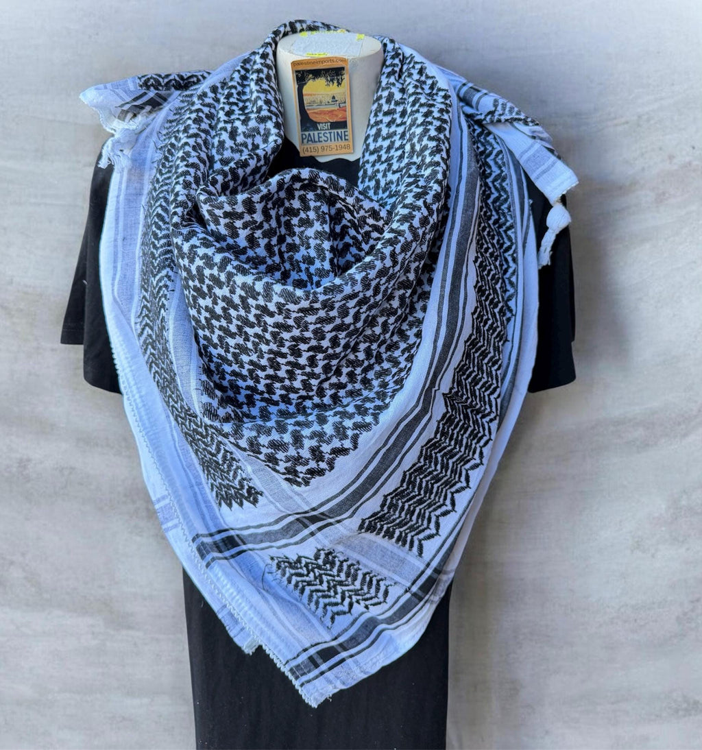 Authentic Palestine Made keffiyeh Scarf: black on white  with Woven Tessels