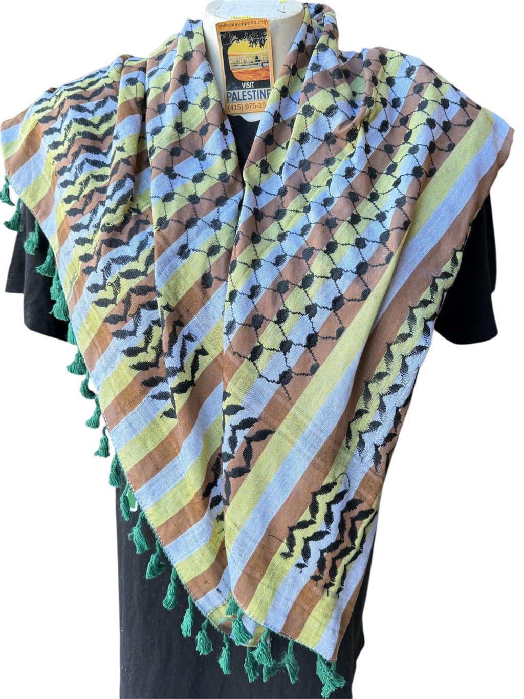 Authentic Palestine Made keffiyeh Scarf: black Arafat design on multicolor with Woven Tessels