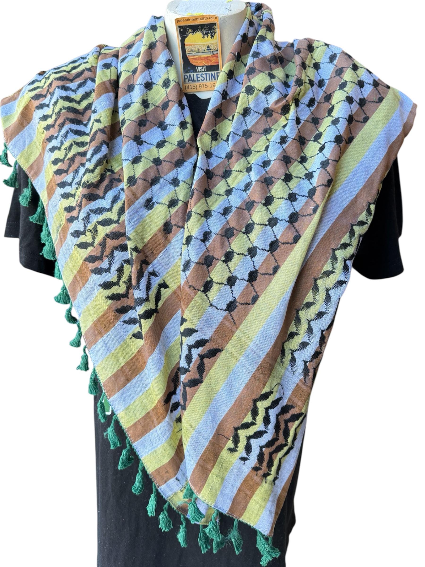 Authentic Palestine Made keffiyeh Scarf: black Arafat design on multicolor with Woven Tessels