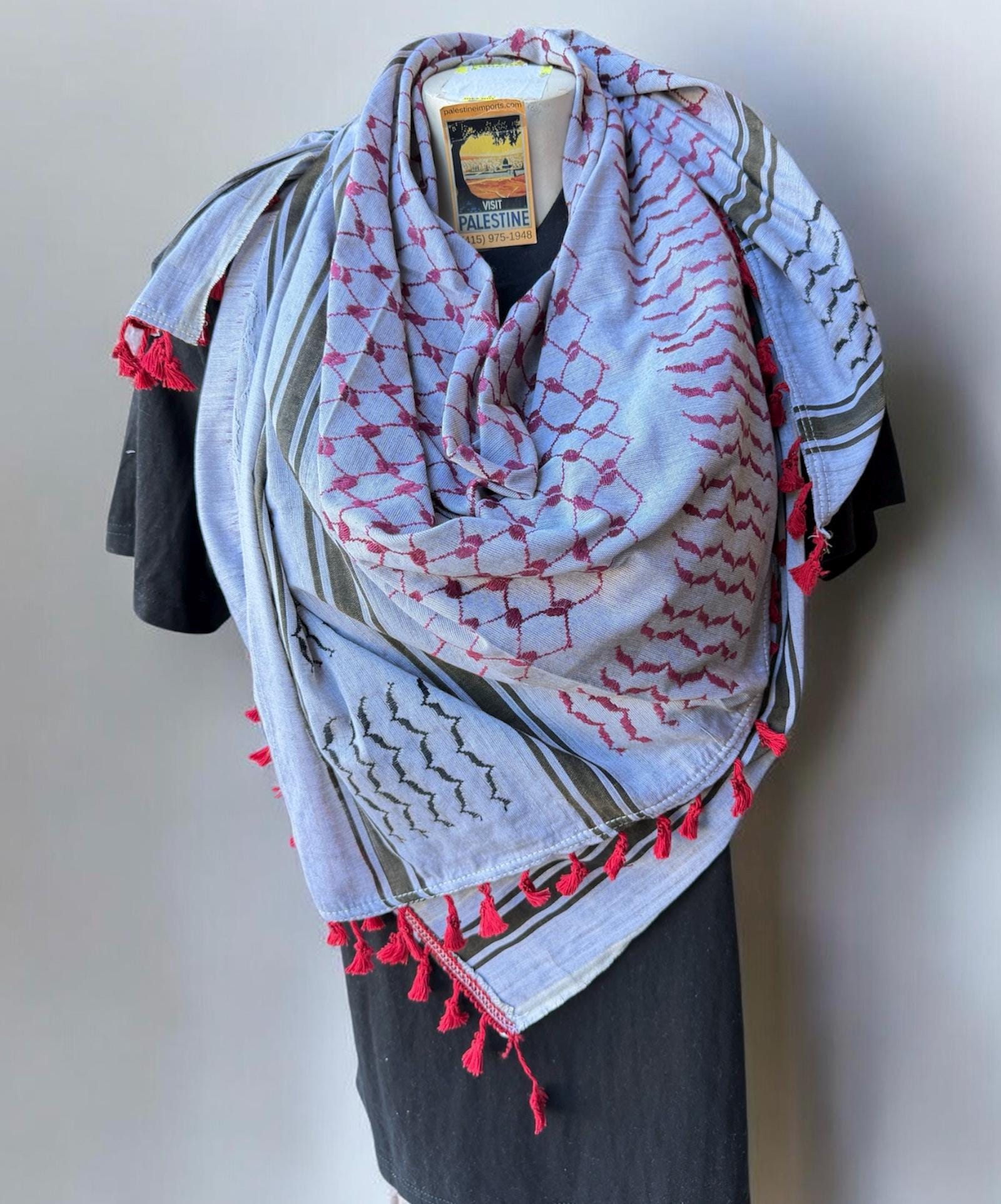 Authentic Palestine Made keffiyeh Scarf: mehroon on grayishblue with red  Woven Tessels