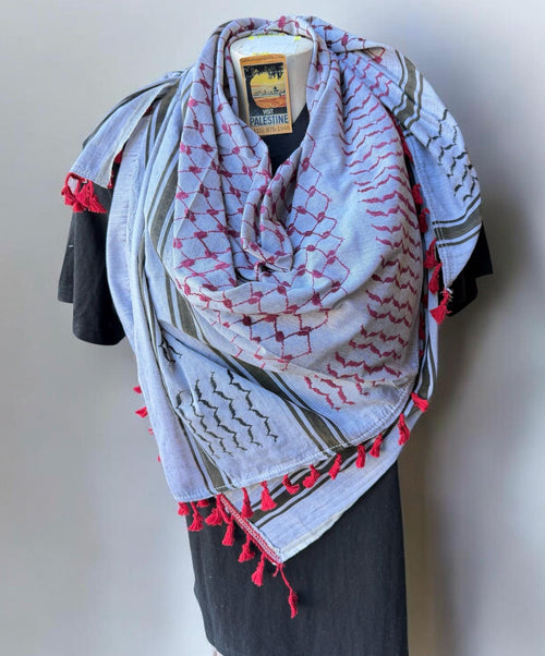 Authentic Palestine Made keffiyeh Scarf: mehroon on grayishblue with red  Woven Tessels