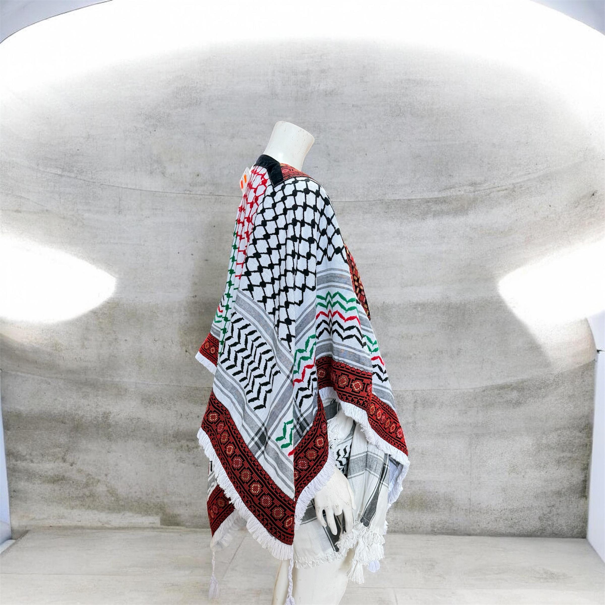 Palestinian thobe poncho with Kuffiyeh flag design (floral)