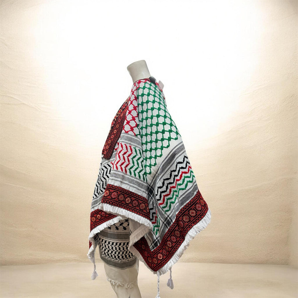 Palestinian thobe poncho with Kuffiyeh flag design (floral)