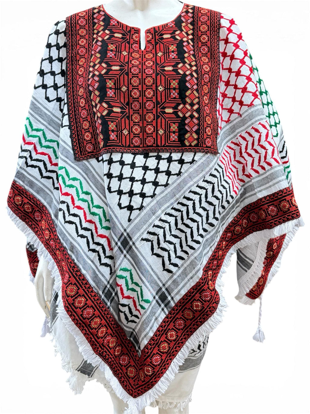 Palestinian thobe poncho with Kuffiyeh flag design (floral)