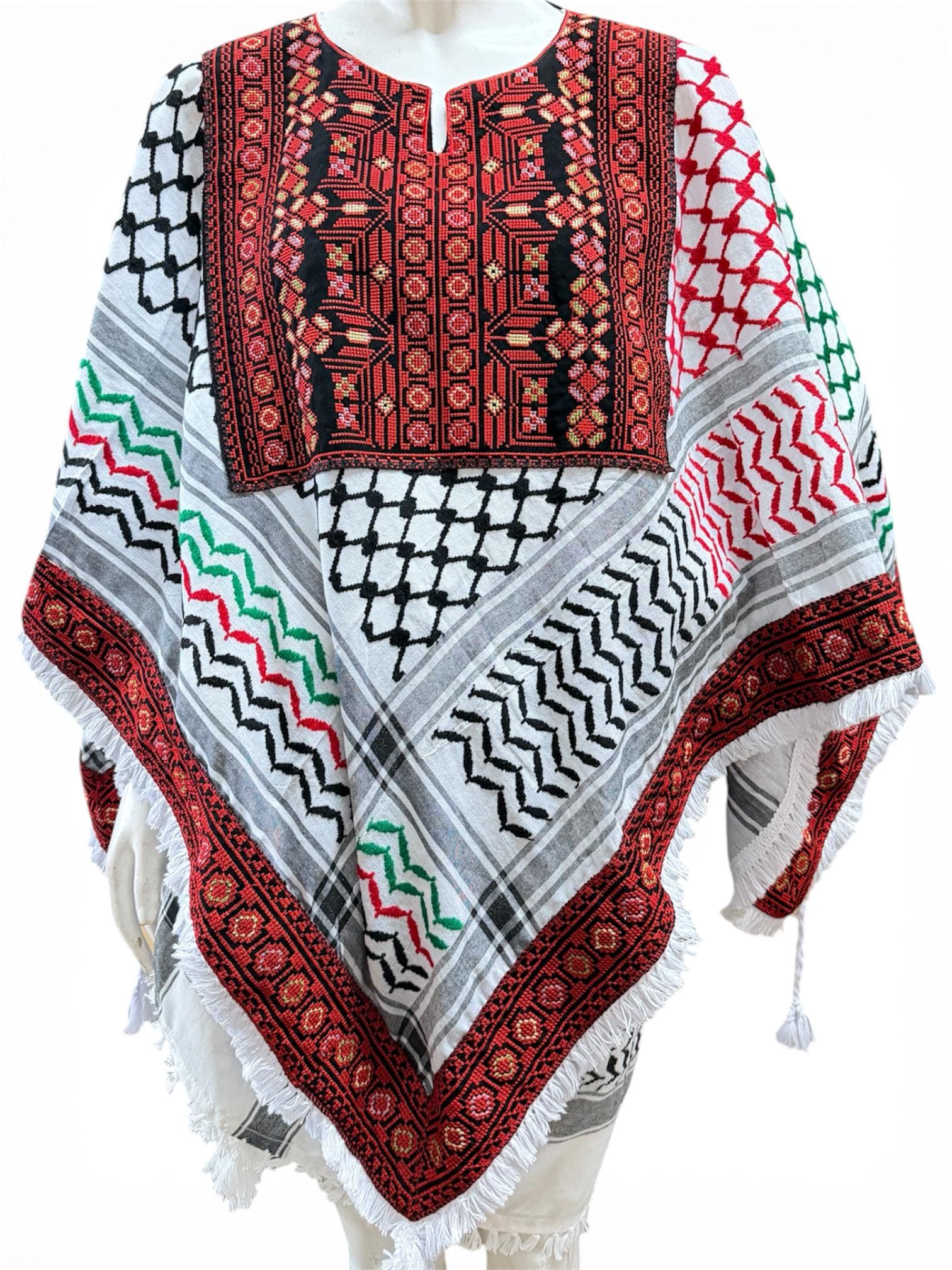 Palestinian thobe poncho with Kuffiyeh flag design (floral)