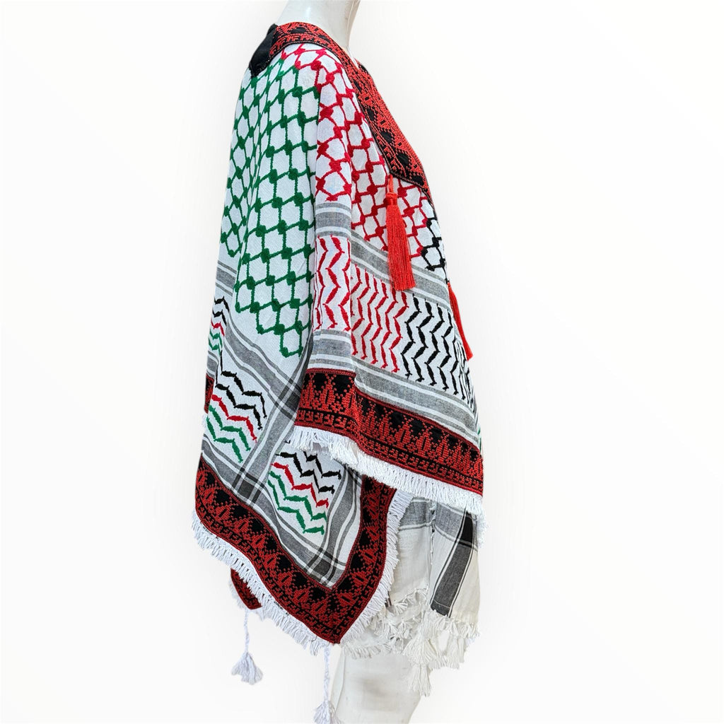 Palestinian thobe poncho with Kuffiyeh flag design (red and black)