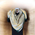 Authentic Palestine Made keffiyeh Scarf: white and green on yellow with Woven Tessels