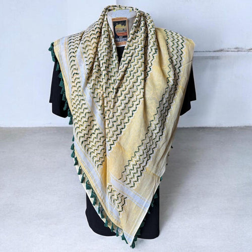 Authentic Palestine Made keffiyeh Scarf: white and green on yellow with Woven Tessels