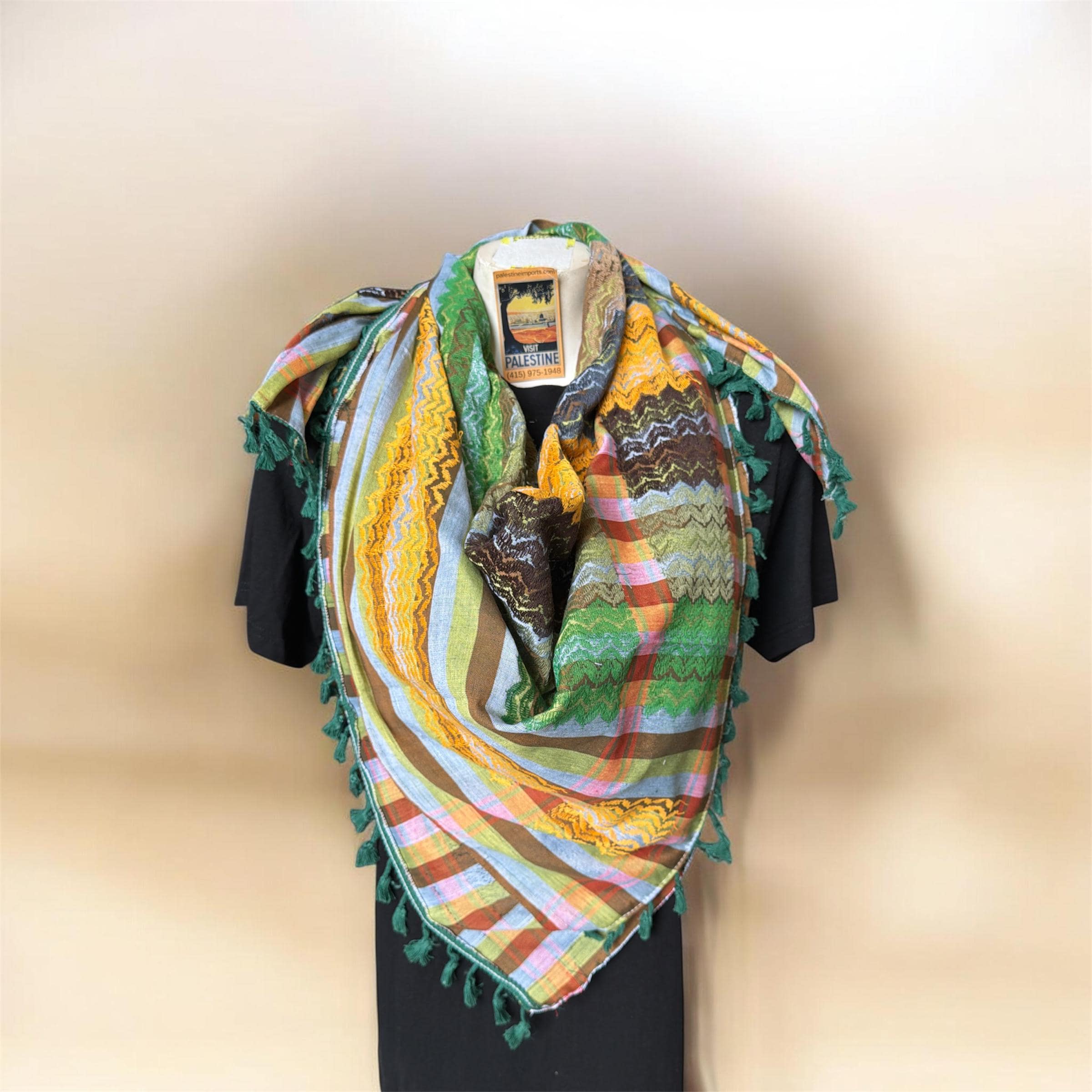 Authentic Palestine Made keffiyeh Scarf: multicolor kufiyeh with Woven Tessels