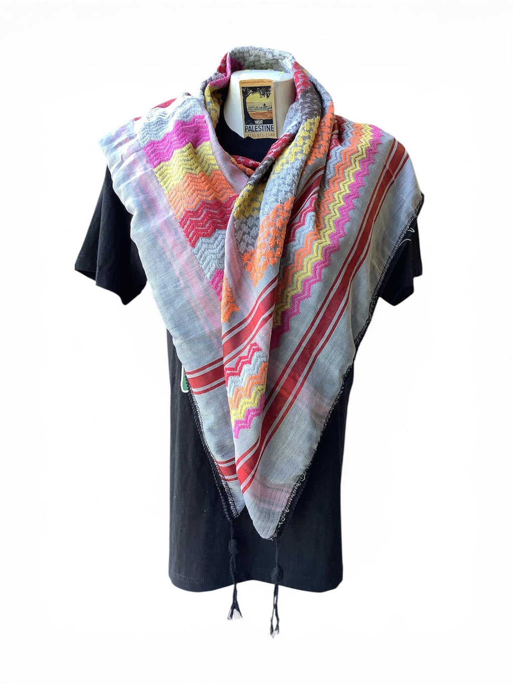 Woven keffiyeh multicolor on grey with 4 sides regular Tassels - 48"x48"
