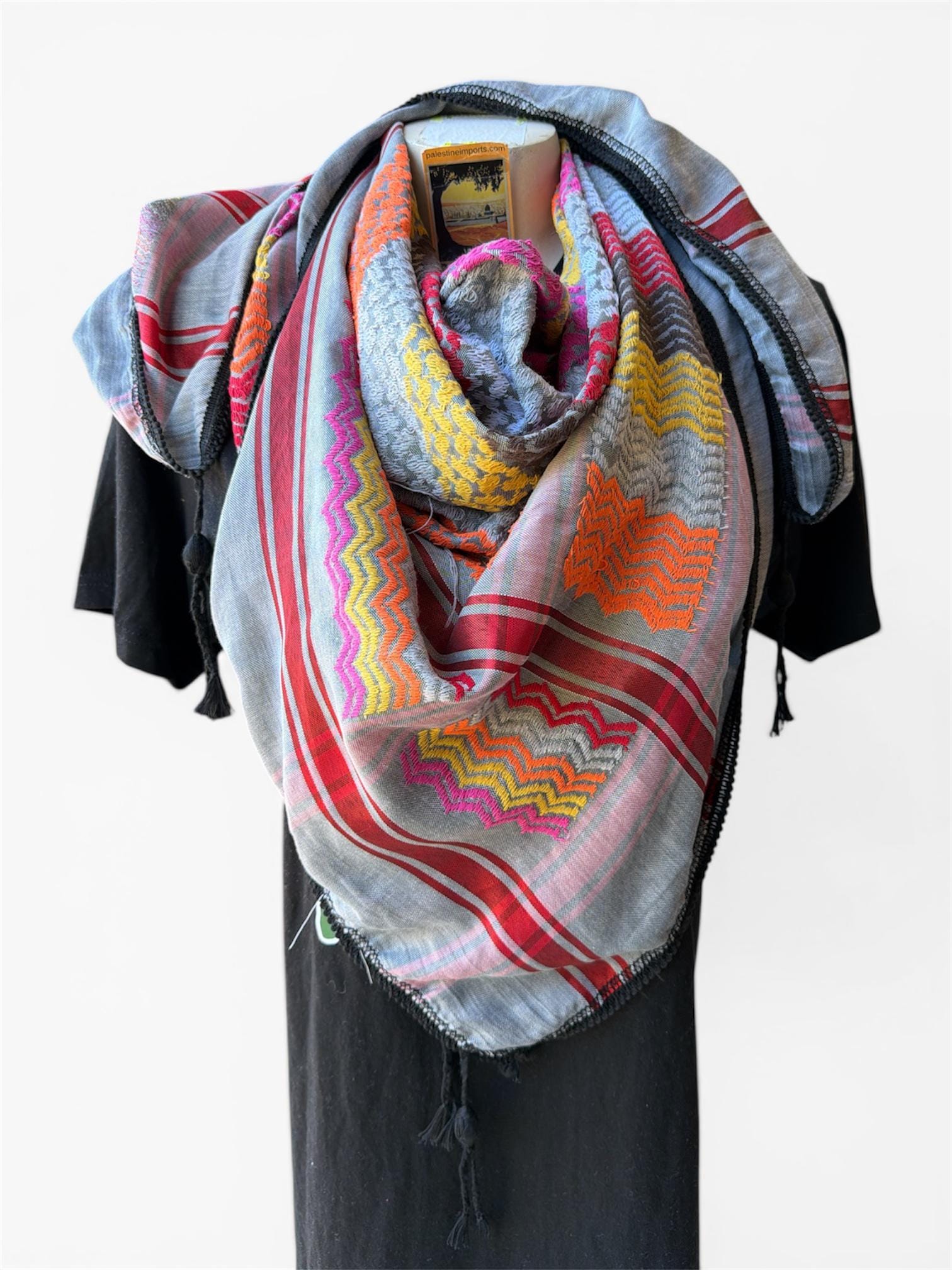 Woven keffiyeh multicolor on grey with 4 sides regular Tassels - 48"x48"