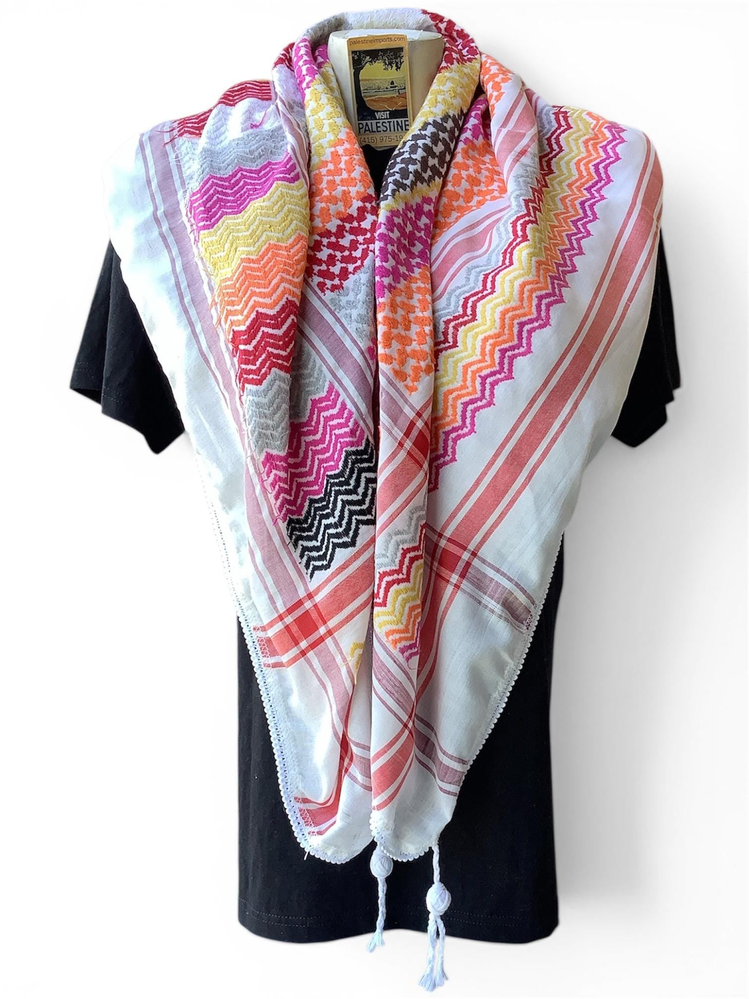 Woven keffiyeh multicolor on white with 4 sides regular Tassels - 48"x48"