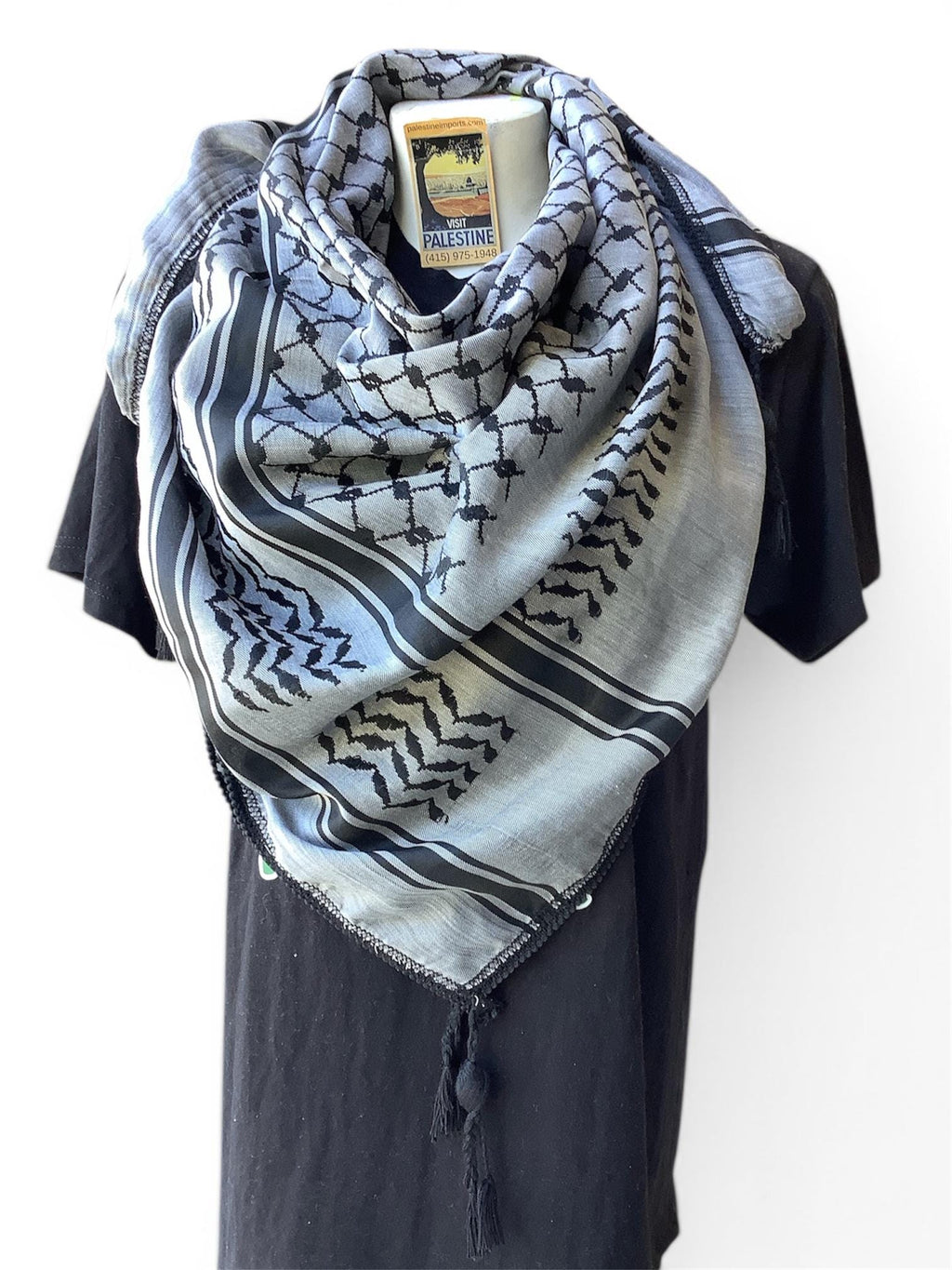 Woven keffiyeh black on grey with 4 sides regular Tassels - 48"x48"