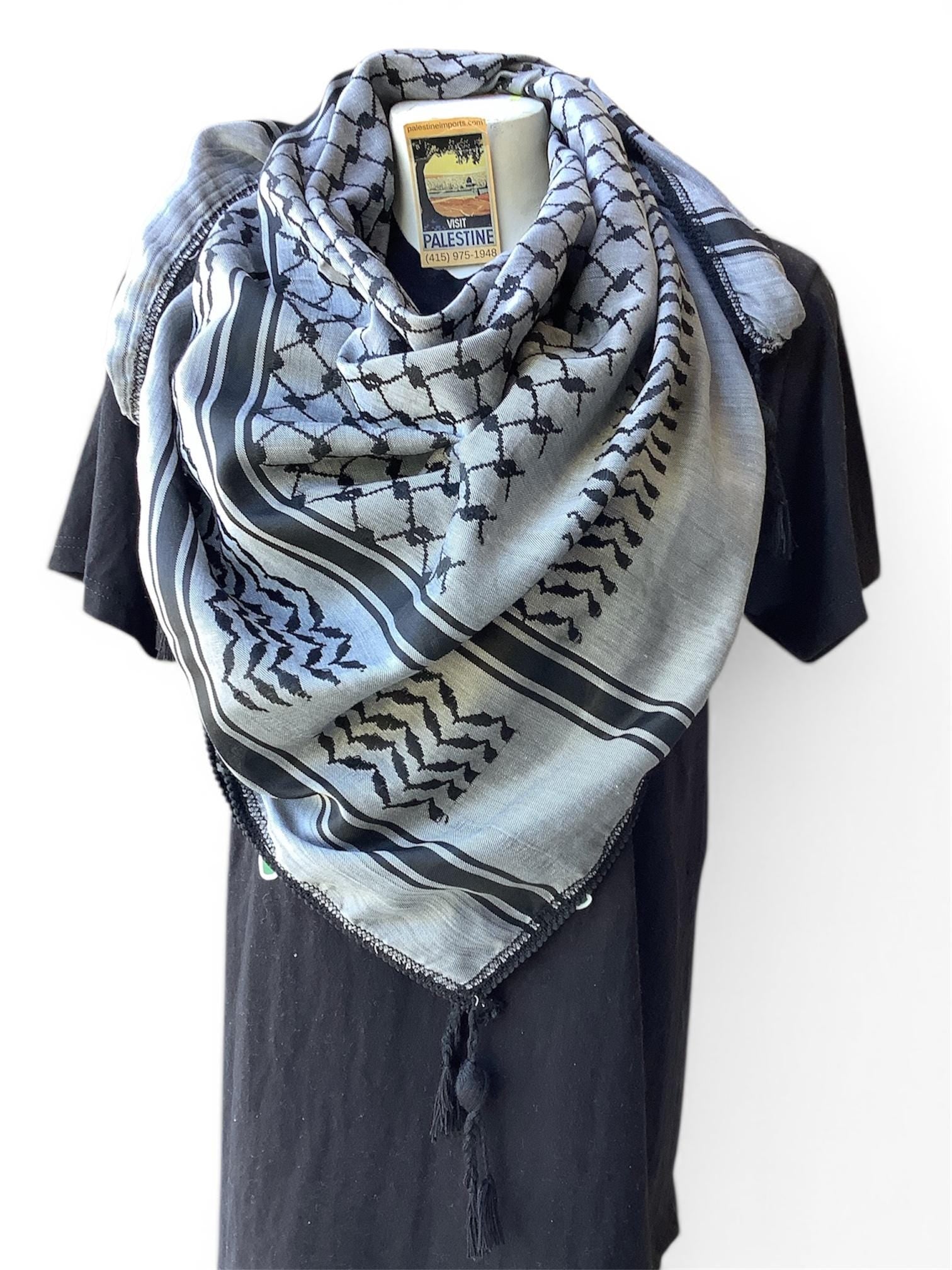 Woven keffiyeh black on grey with 4 sides regular Tassels - 48"x48"