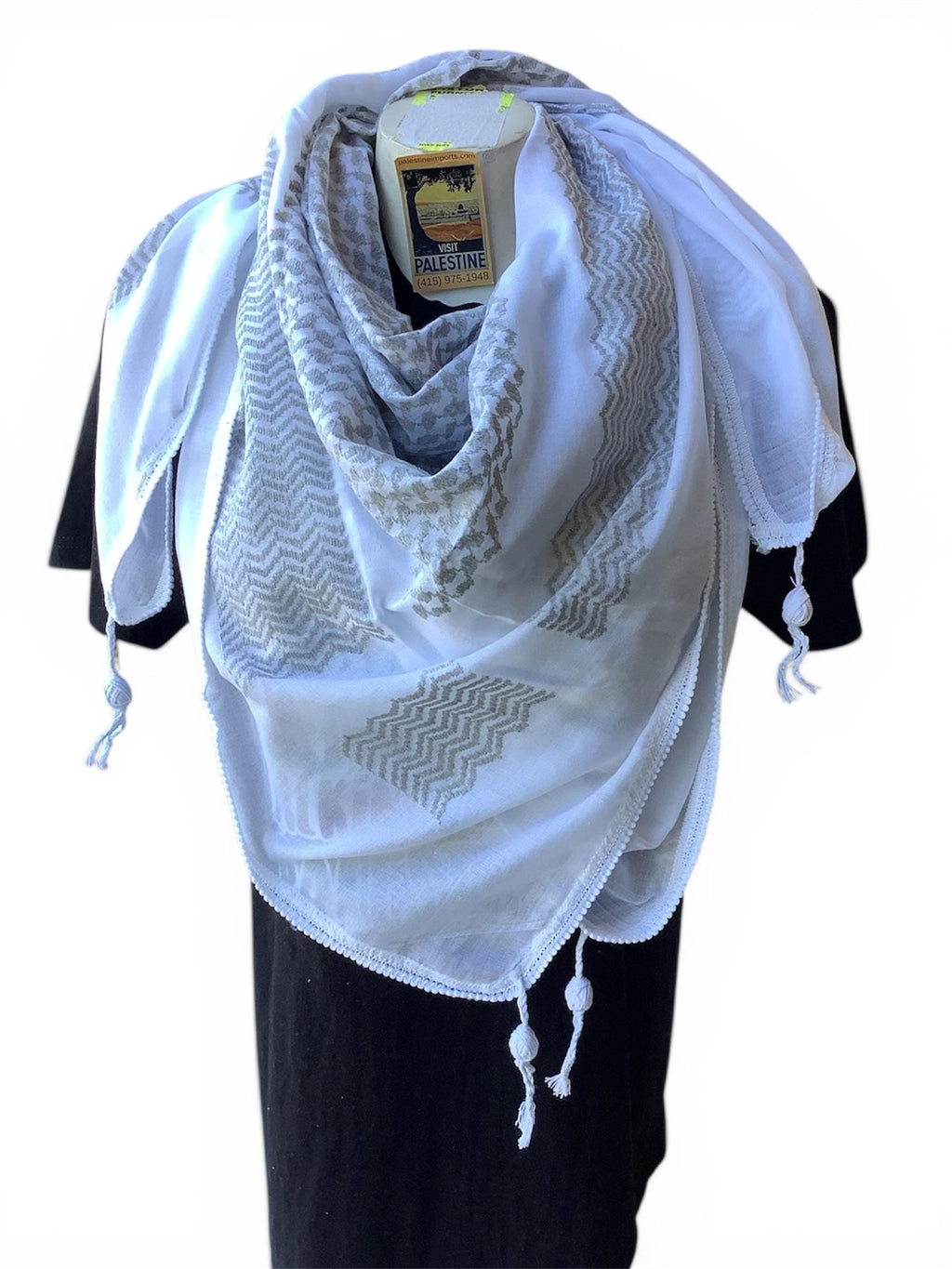 Woven keffiyeh fishnet design on white with 4 sides regular Tassels - 48"x48"
