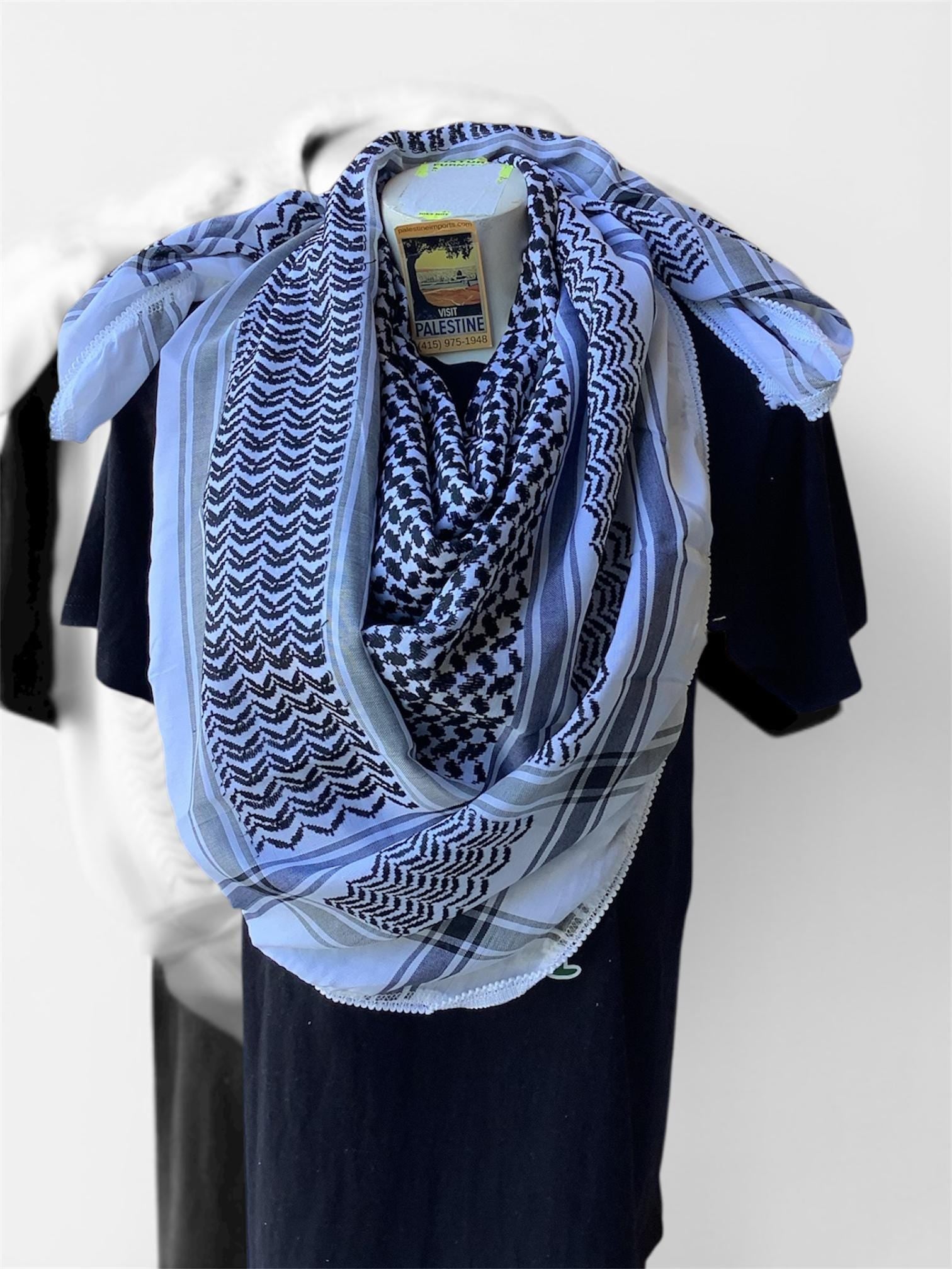 Woven keffiyeh fishnet design on white with 4 sides regular Tassels - 48"x48"