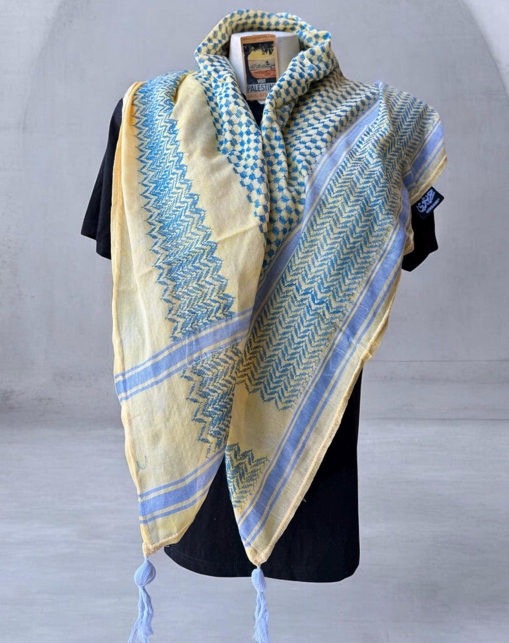 Authentic Palestine Made keffiyeh Scarf: blue on yellow with Woven Tessels