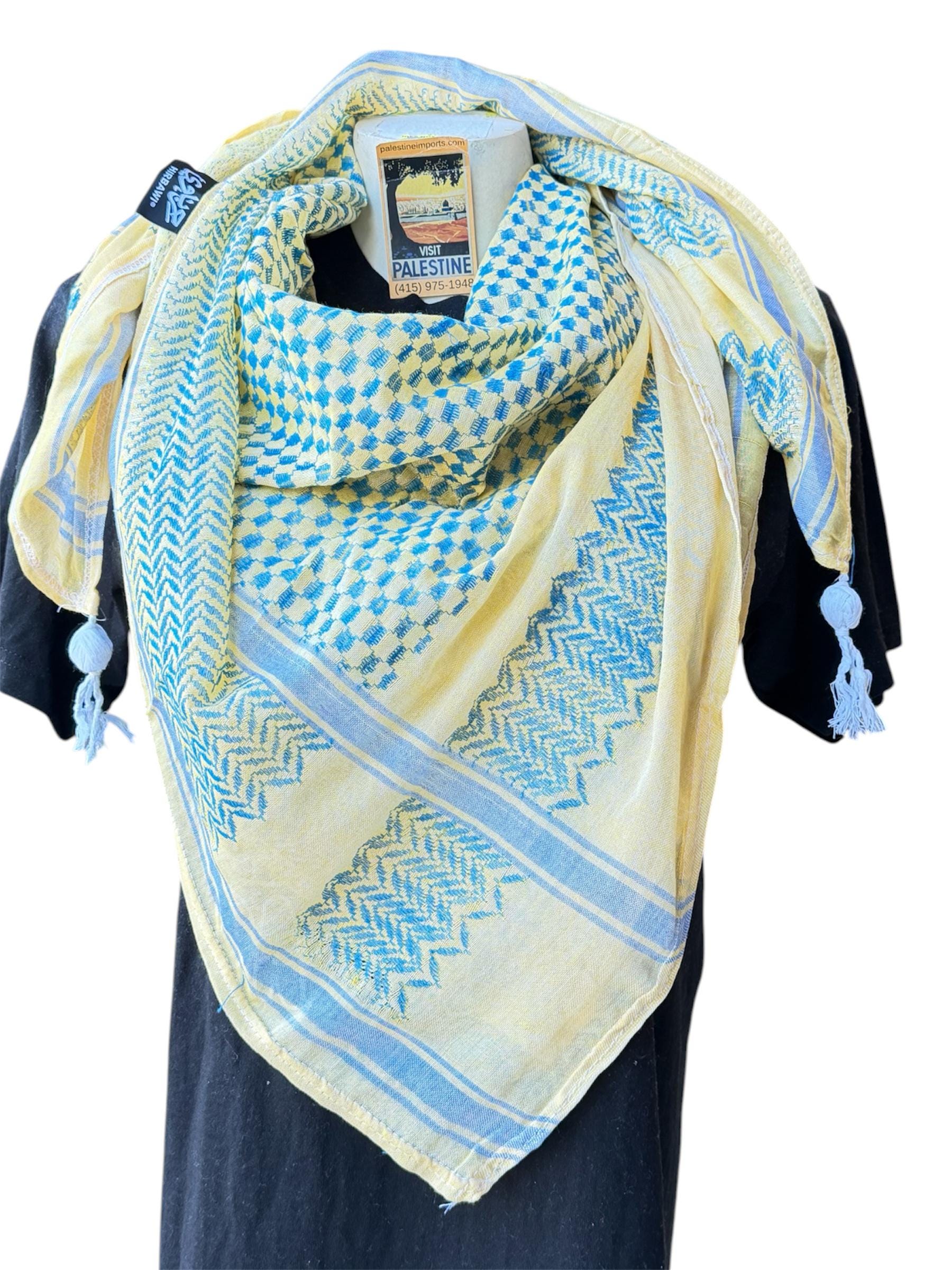 Authentic Palestine Made keffiyeh Scarf: blue on yellow with Woven Tessels