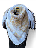 Authentic Palestine Made keffiyeh Scarf: gold on white with brown Woven Tessels