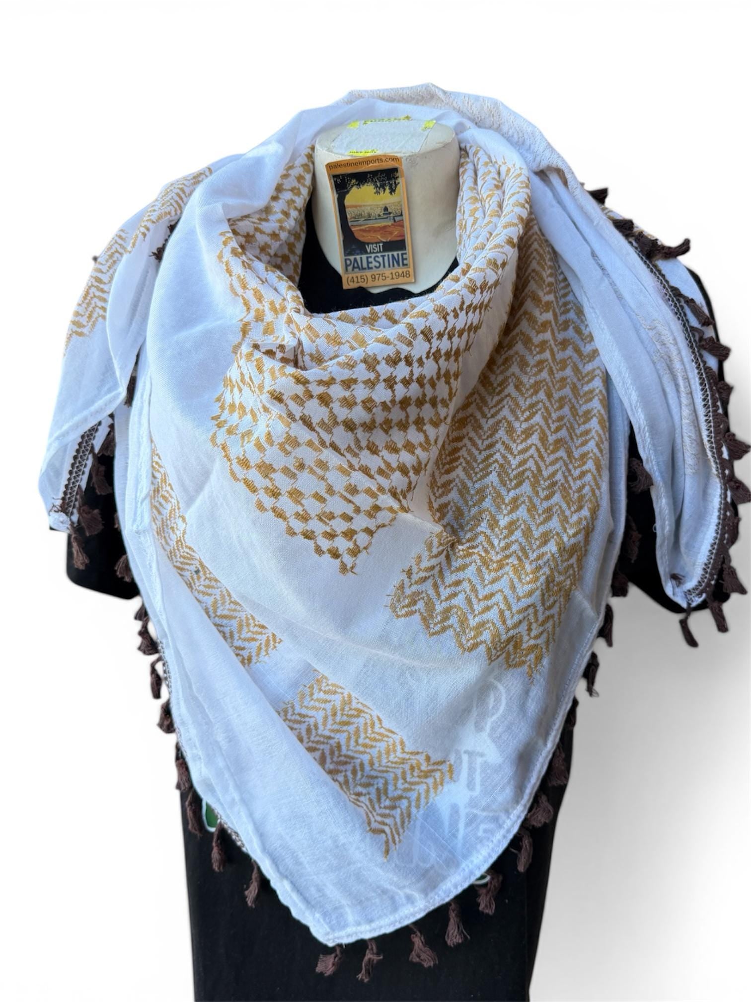 Authentic Palestine Made keffiyeh Scarf: gold on white with brown Woven Tessels