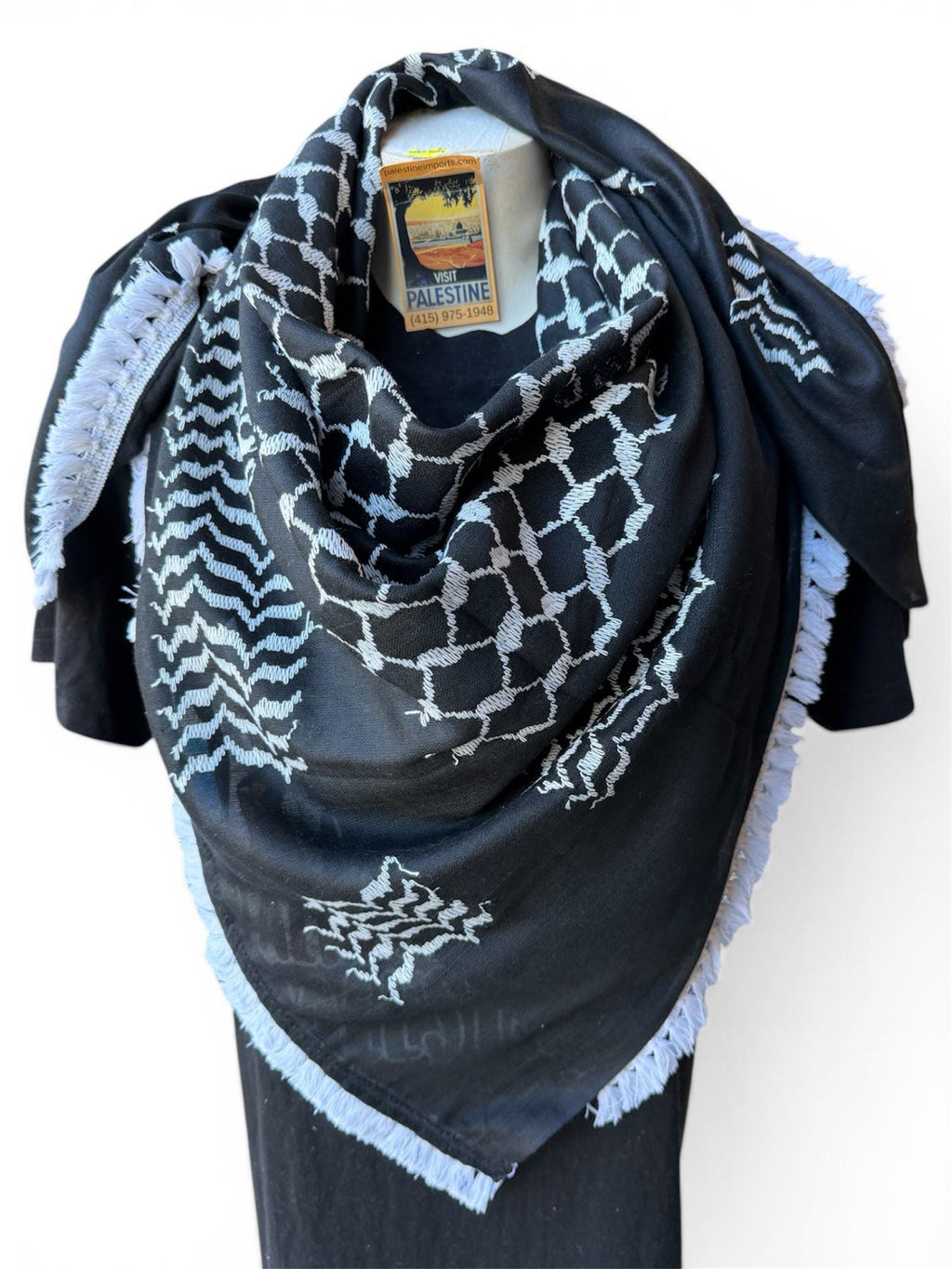 Authentic Palestine Made keffiyeh Scarf: white on black with white Woven Tessels