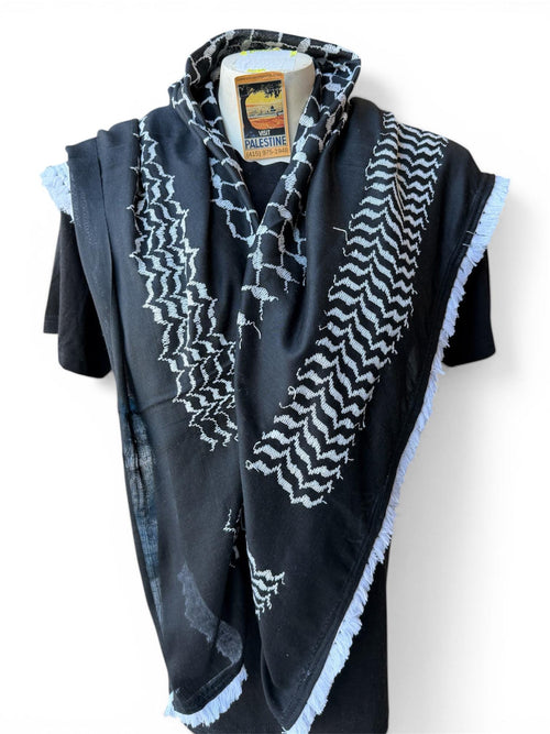 Authentic Palestine Made keffiyeh Scarf: white on black with white Woven Tessels