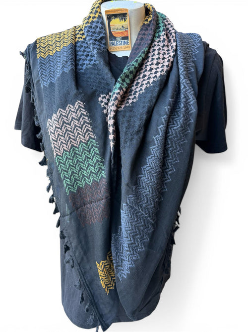 Authentic Palestine Made keffiyeh Scarf: fishnet design with multicolor on black with Woven Tessels