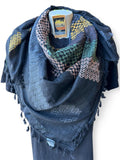 Authentic Palestine Made keffiyeh Scarf: fishnet design with multicolor on black with Woven Tessels