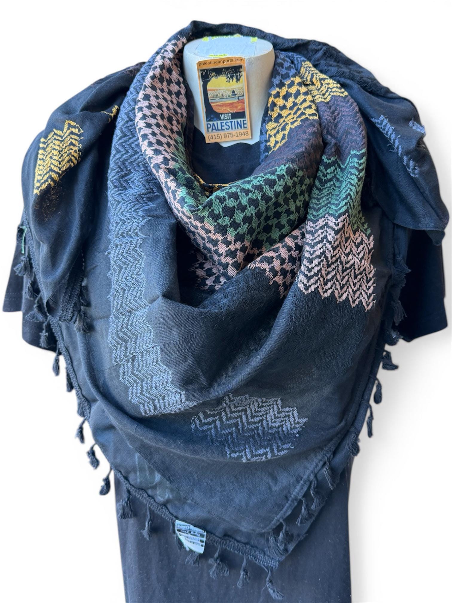 Authentic Palestine Made keffiyeh Scarf: fishnet design with multicolor on black with Woven Tessels