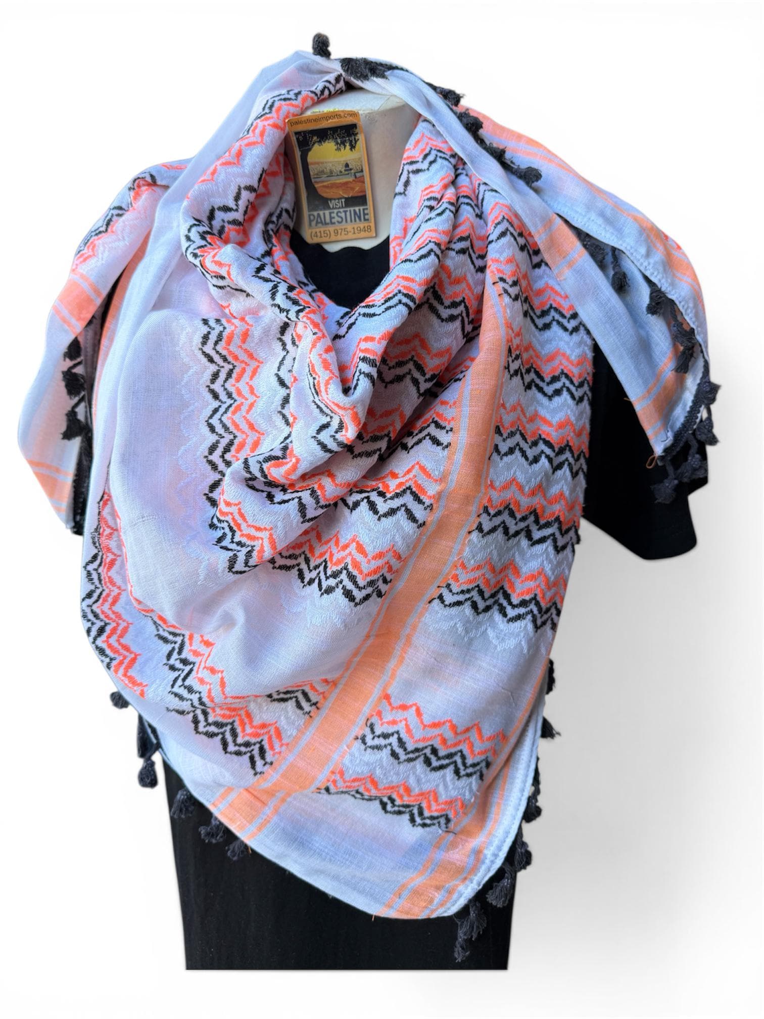 Authentic Palestine Made keffiyeh Scarf: orange and black on white with Woven Tessels