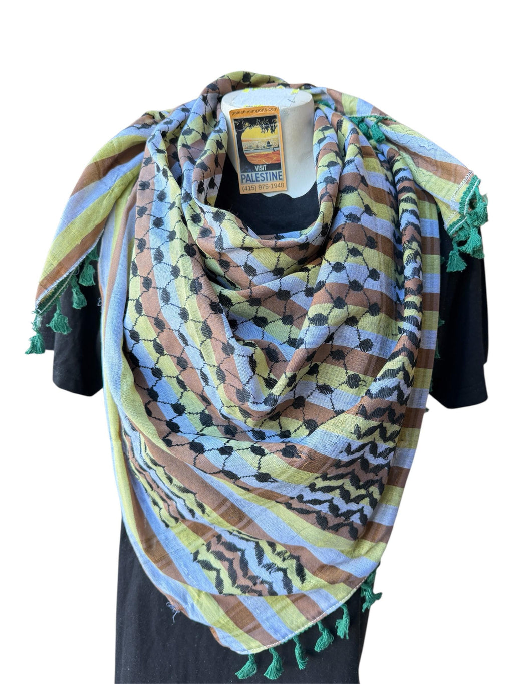 Authentic Palestine Made keffiyeh Scarf: black Arafat design on multicolor with Woven Tessels