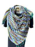 Authentic Palestine Made keffiyeh Scarf: black Arafat design on multicolor with Woven Tessels
