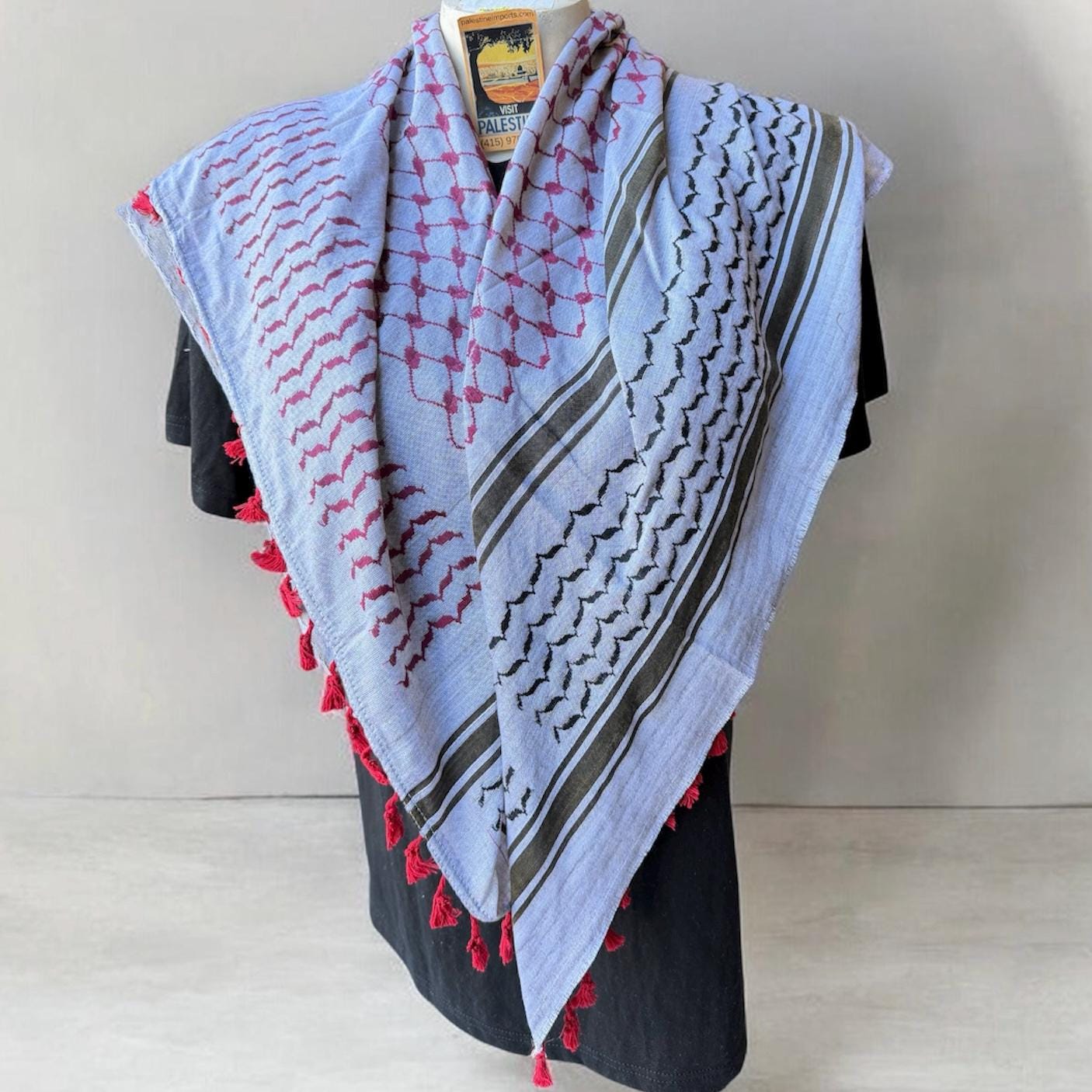 Authentic Palestine Made keffiyeh Scarf: mehroon on grayishblue with red  Woven Tessels