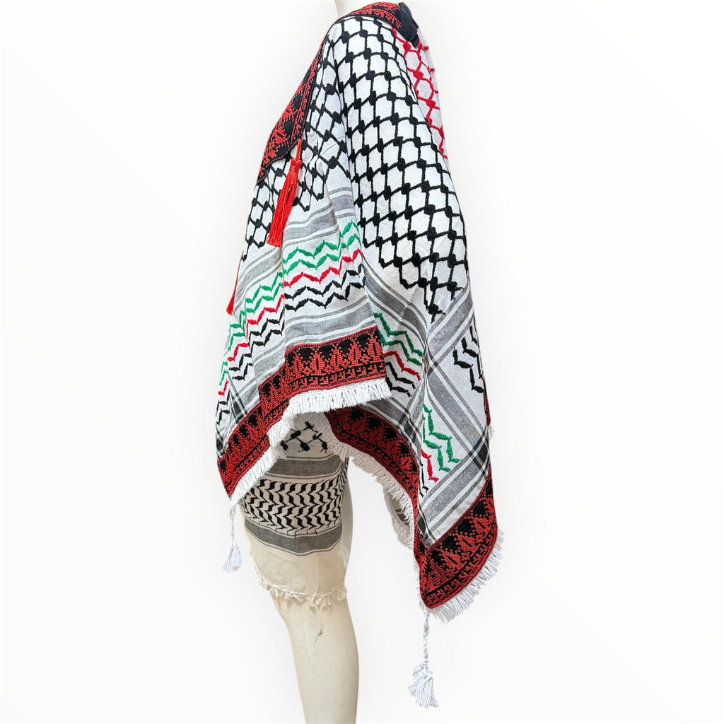 Palestinian thobe poncho with Kuffiyeh flag design (red and black)