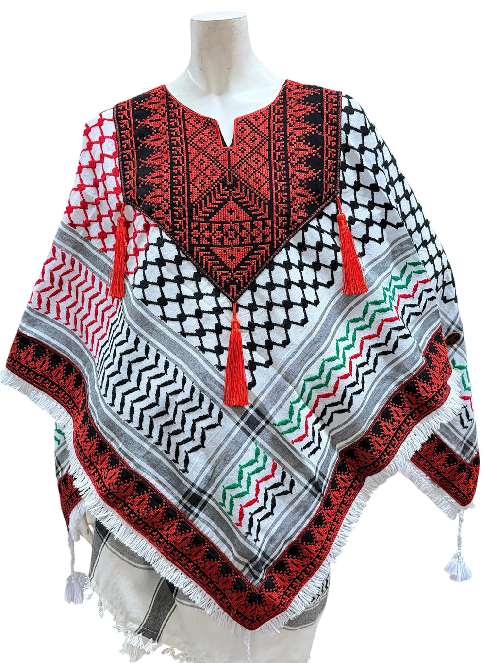 Palestinian thobe poncho with Kuffiyeh flag design (red and black)