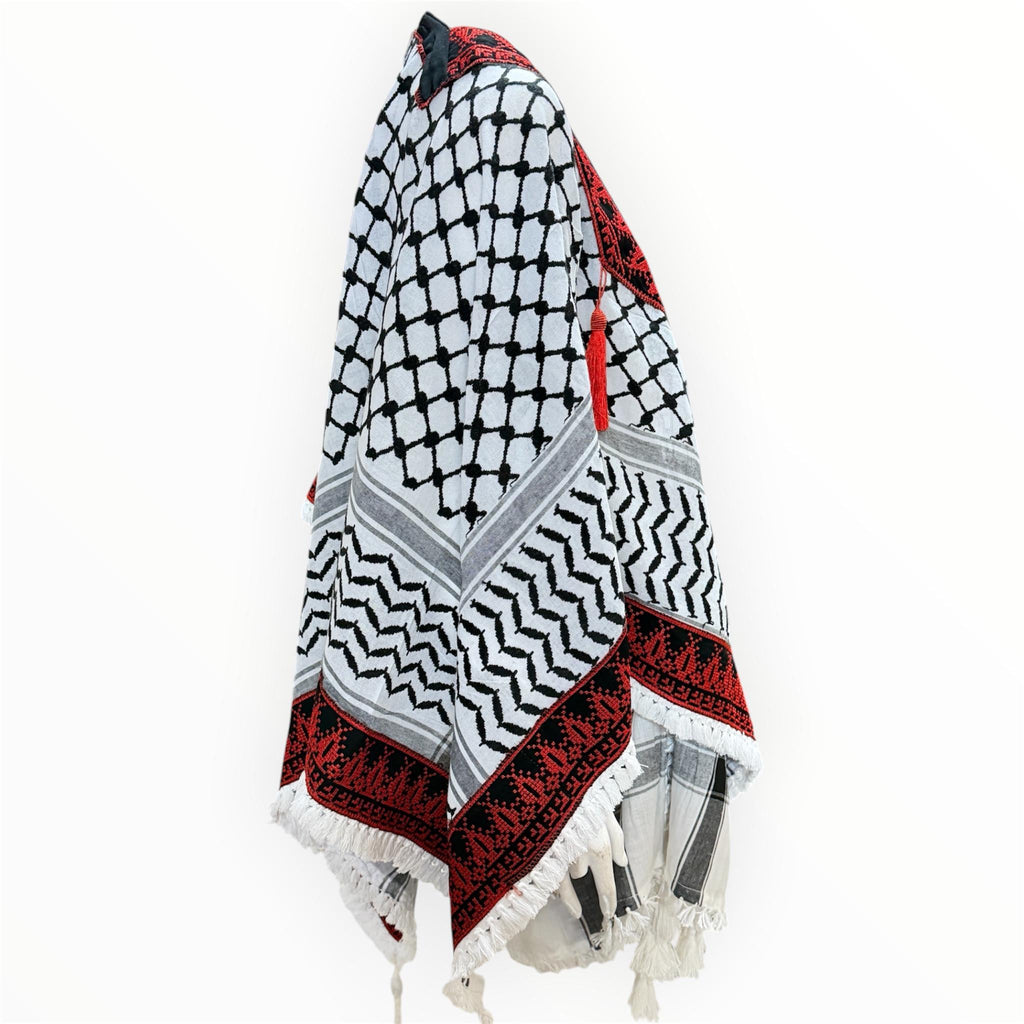 Palestinian thobe poncho with Kuffiyeh design (red and black)
