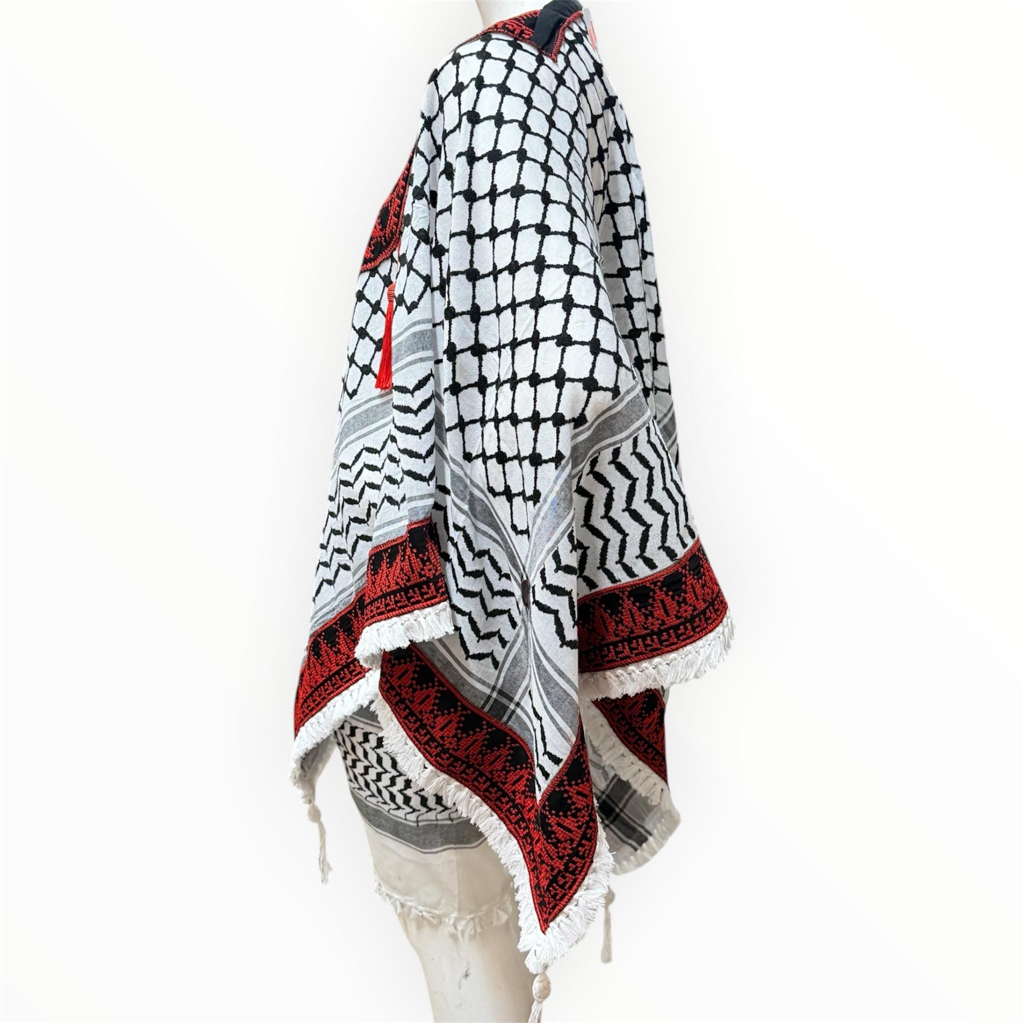 Palestinian thobe poncho with Kuffiyeh design (red and black)