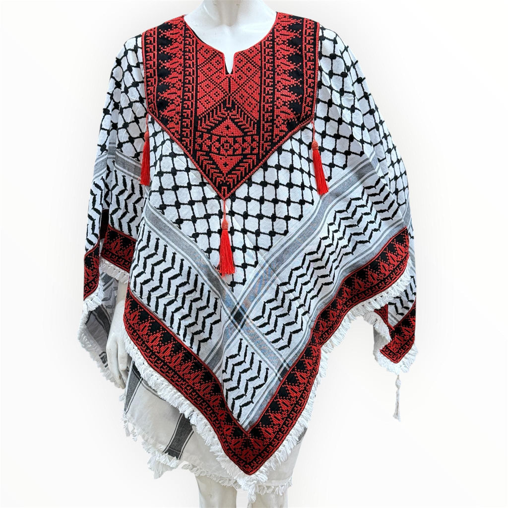 Palestinian thobe poncho with Kuffiyeh design (red and black)